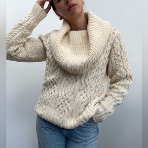 Aran Mor Ireland Cream Cable Knit Cowl Neck Chunky Merino Wool Sweater Size M